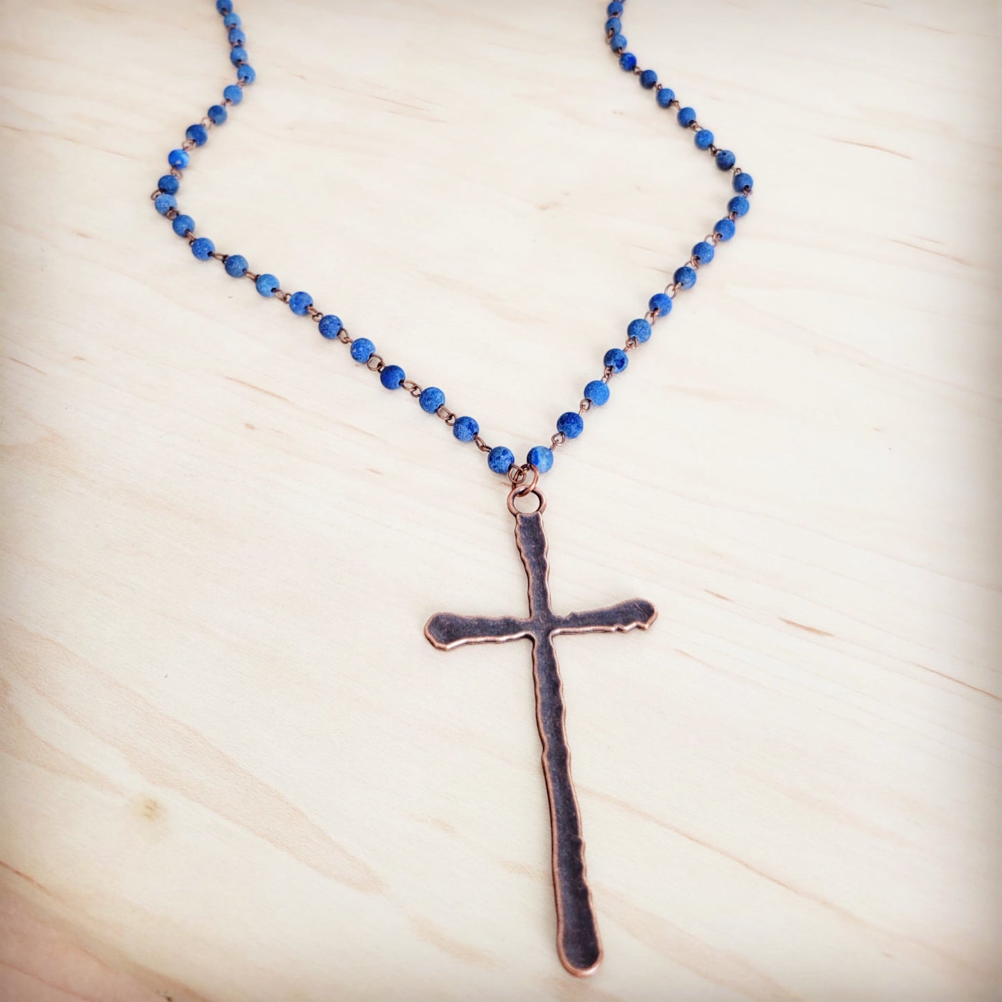 Genuine Blue Lapis Long Beaded Necklace with Antique Copper Cross 263a
