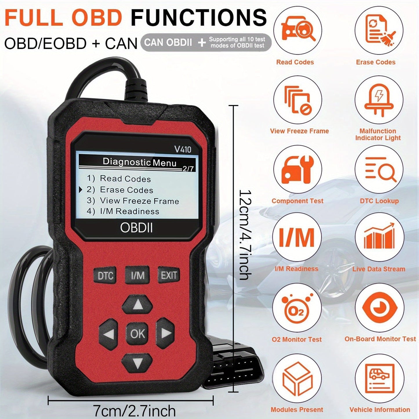 Advanced OBD II Scanner for Car Engine Fault Codes CAN Diagnostic Tool w/ Freeze Frame & I/M Monitor