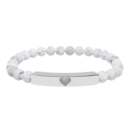 Engraved Natural Stone Stretch Bar Bracelet — Personalized Heart Bar Beaded Bracelet