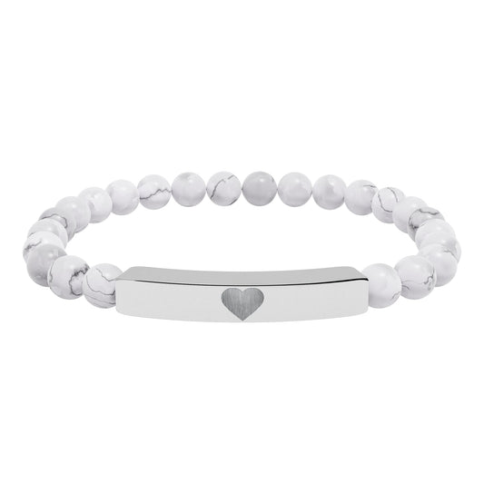 Engraved Natural Stone Stretch Bar Bracelet — Personalized Heart Bar Beaded Bracelet
