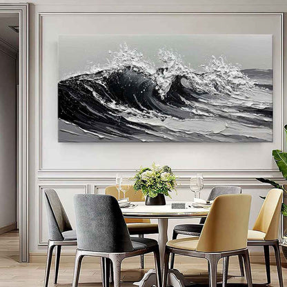 Large Gray And White Seawaves Seascape Oil Painting On Canvas Handmade Black Texture Knife Thick Wall Art For Home Living Room Decor Mural