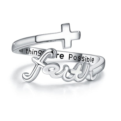 Sterling Silver Cross Ring "All Things Are Possible" Inlay "Faith" Design
