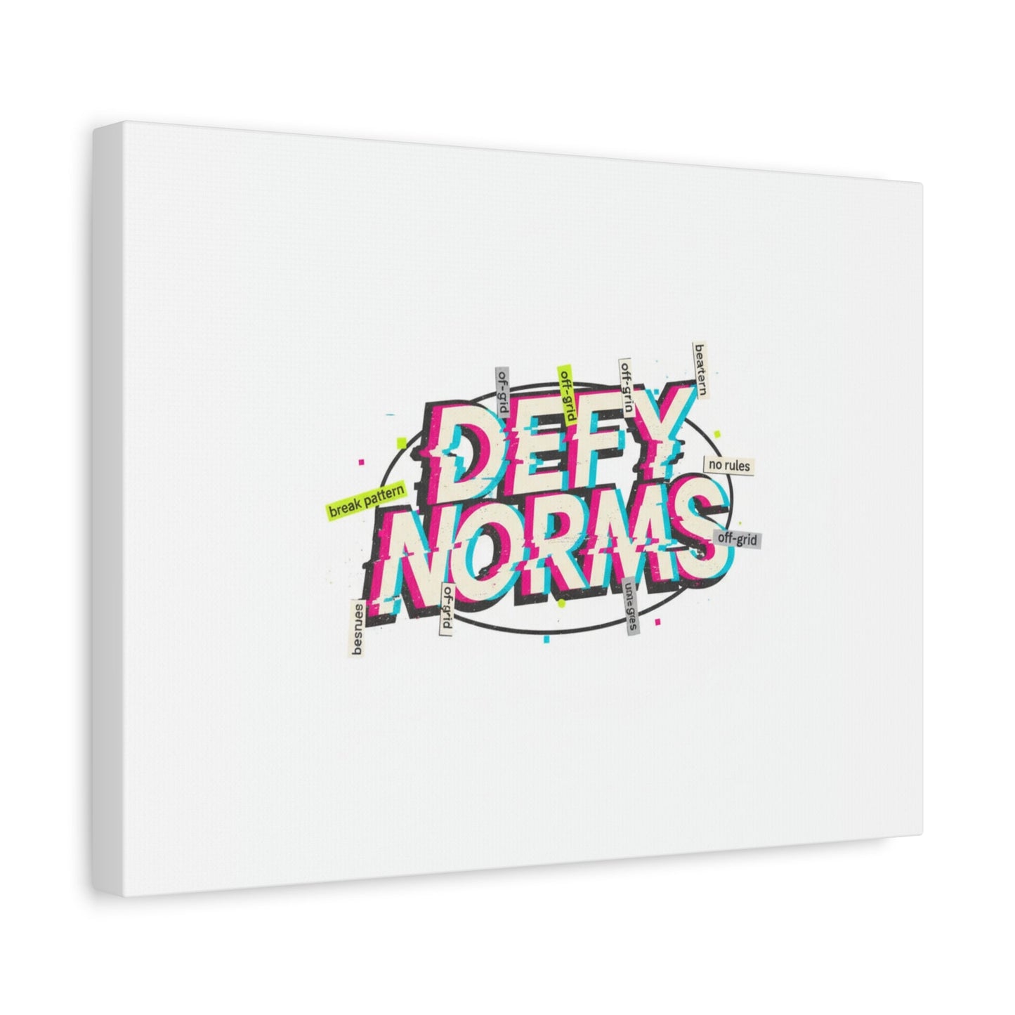 Defy Norms Canvas, Anti-Aesthetic Glitch Typography, Brutalist Poster Style
