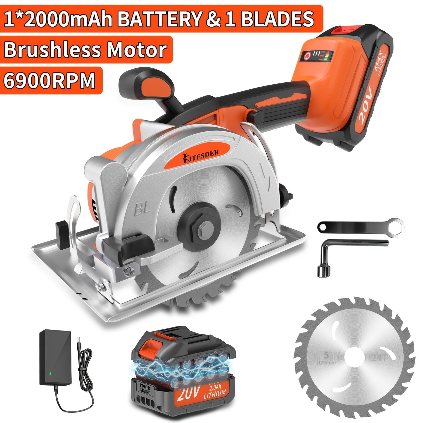 5-inch Brushless Circular Saw Kit - 20V Dual Smart Batteries And Battery Charger, Comes with 6 Saw Blades, Two Adjustable 45° Cutting Depths, Up to 6900 RPM - Ideal for Woodworking And Garden Projects.Christmas Gift, Shipped
