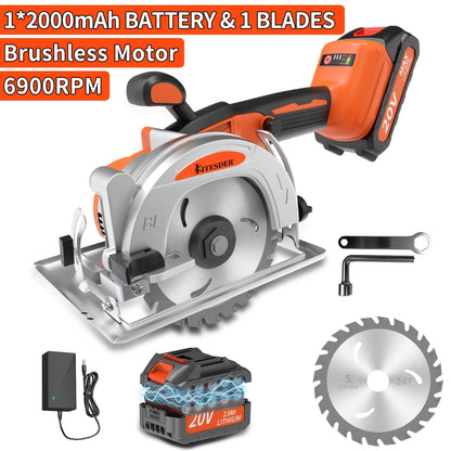5-inch Brushless Circular Saw Kit - 20V Dual Smart Batteries And Battery Charger, Comes with 6 Saw Blades, Two Adjustable 45° Cutting Depths, Up to 6900 RPM - Ideal for Woodworking And Garden Projects.Christmas Gift, Shipped
