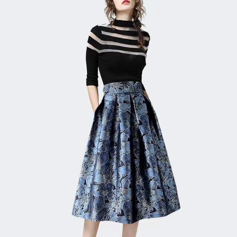 Women's High Waist Slimming Jacquard Midi Skirt