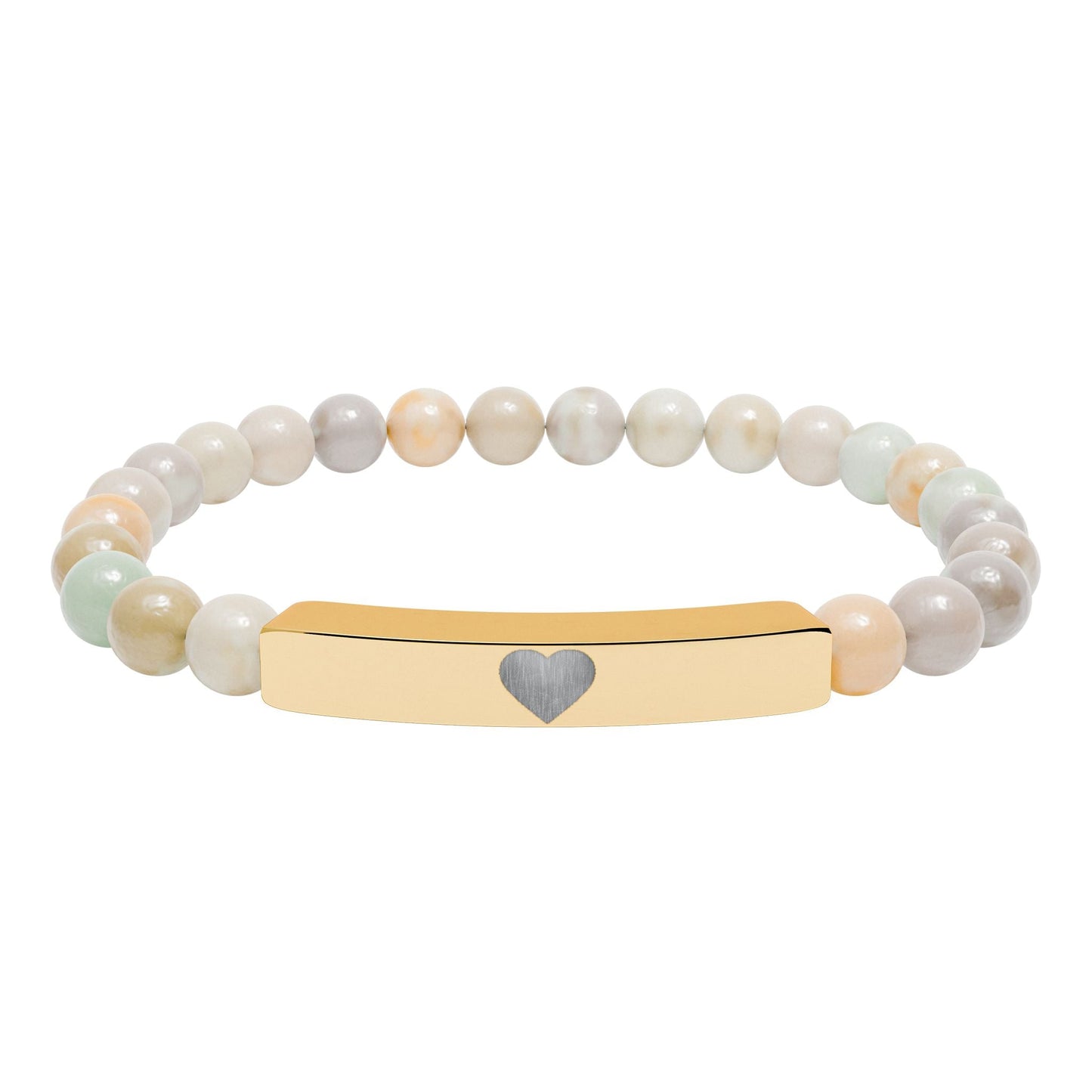 Engraved Natural Stone Stretch Bar Bracelet — Personalized Heart Bar Beaded Bracelet