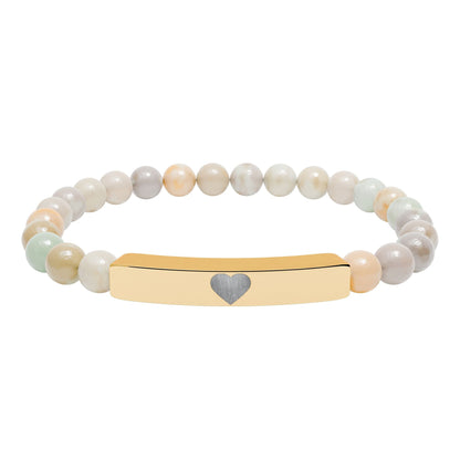 Engraved Natural Stone Stretch Bar Bracelet — Personalized Heart Bar Beaded Bracelet