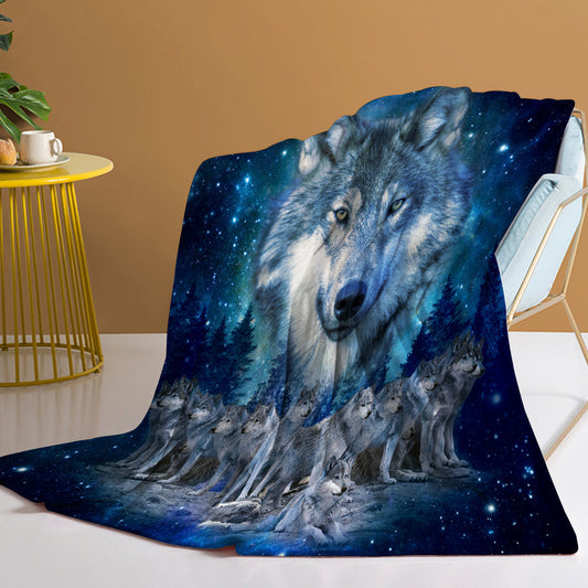 1pc Starry Wolf Pack Soft Printed Flannel Sofa Blanket Comfortable And Warm Home Use Suitable For Bed Sofa Camping And Multi Scene Seasonal Use