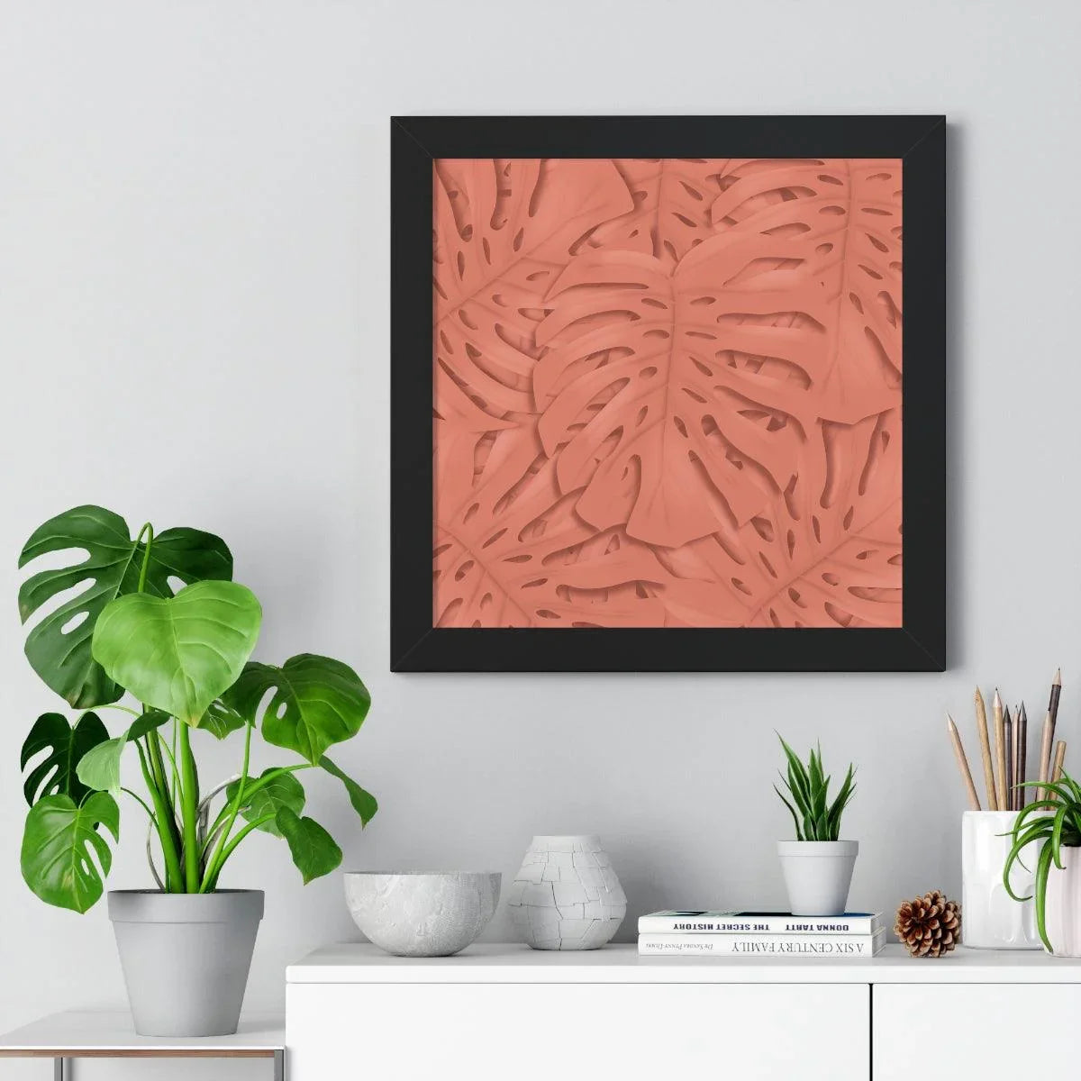 Coral Monstera Framed Print – Botanical Wall Art