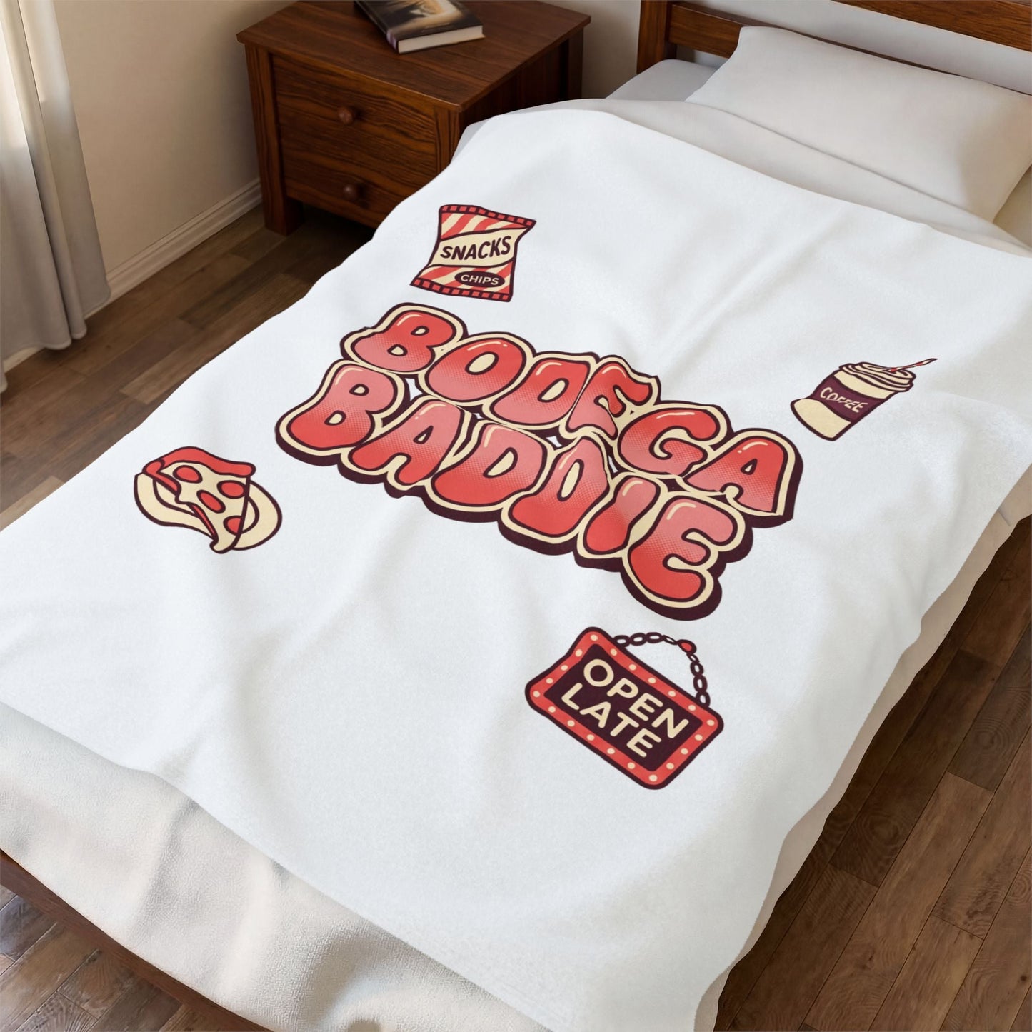 Bodega Baddie Velveteen Blanket | NYC Y2K deli sign, Spanglish cherries