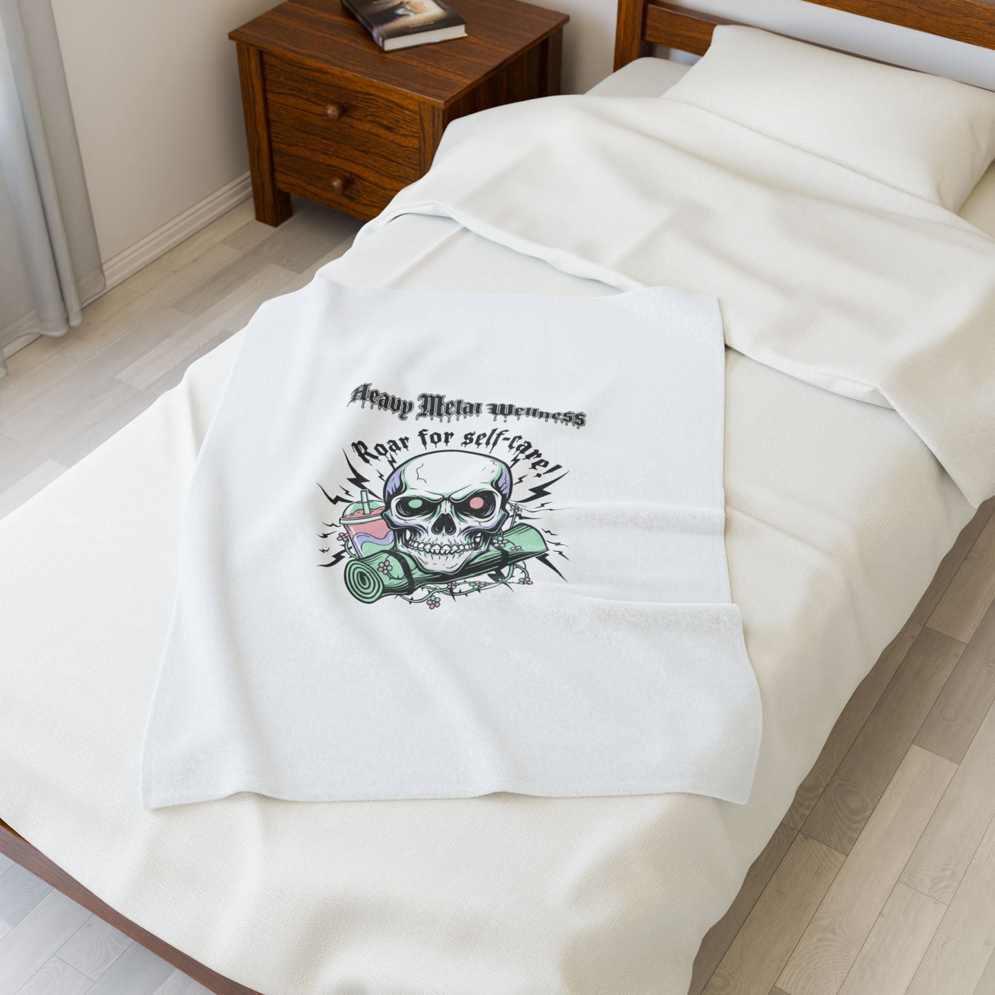 Heavy Metal Wellness Skull Self-Care Blanket | gothic wellness quote