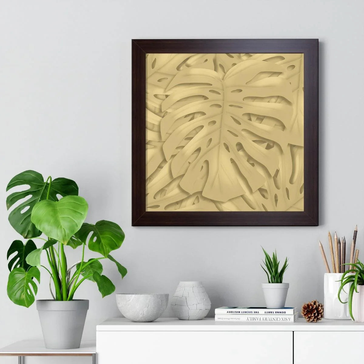 Golden Monstera Framed Print – Botanical Wall Art