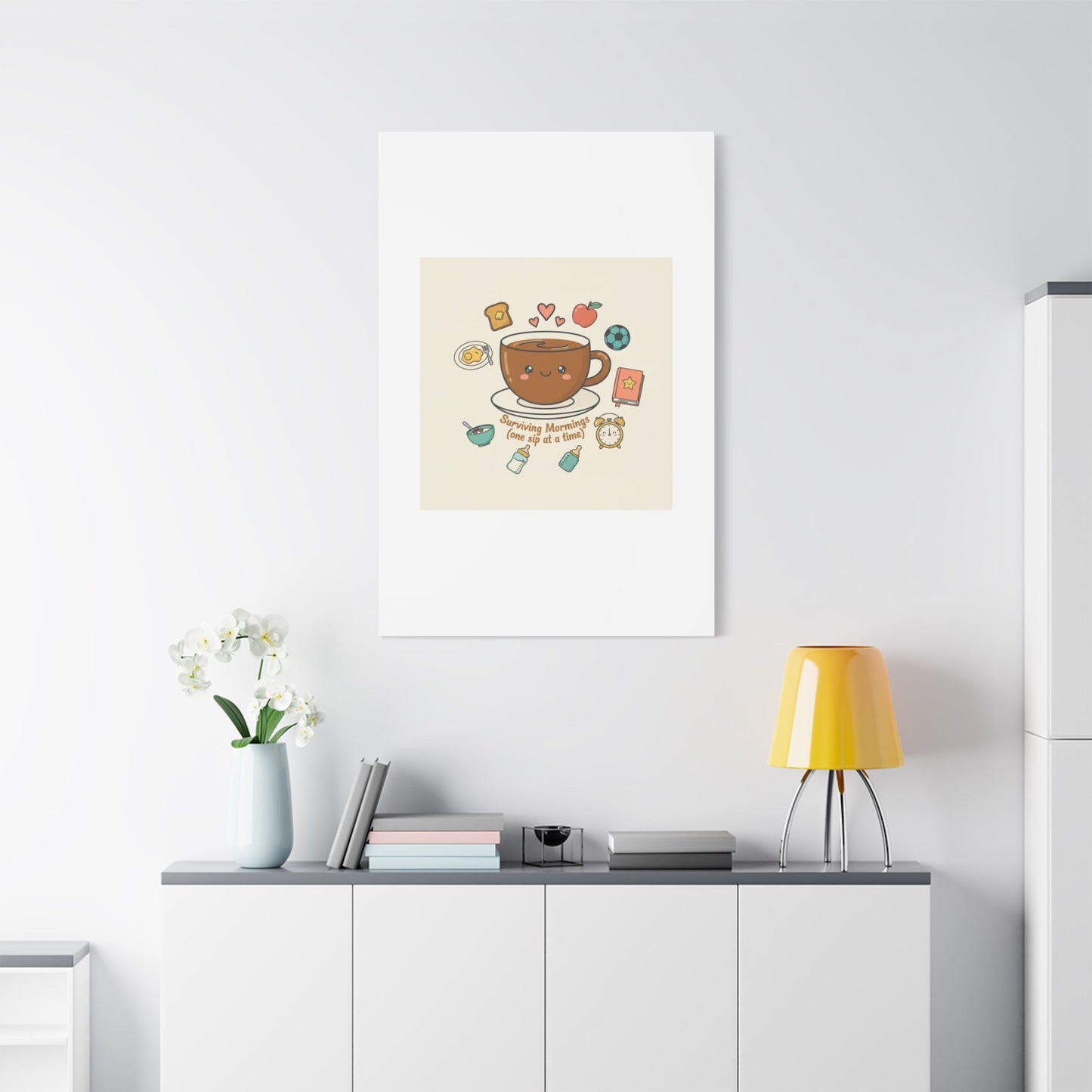 Surviving Mornings (One Sip at a Time) Canvas | Parenting Morning Humor, Coffee & Kids