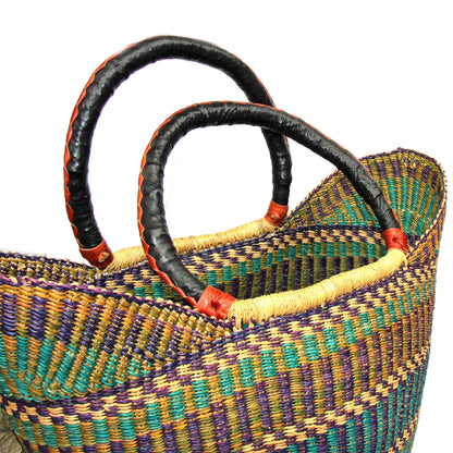 Bolga Tote, Mixed Colors with Leather Handle - 18-inch