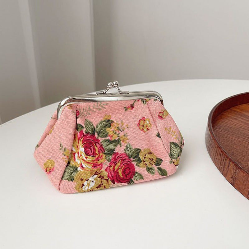 Retro Mini Canvas Coin Purse - Vintage Floral Plaid Small Zipper Wallet Organizer