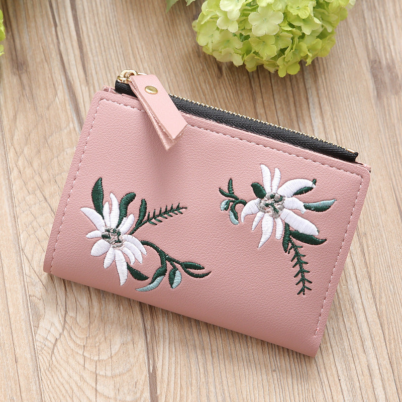 Women's Embroidered PU Leather Zipper Wallet - Slim Korean Style Floral Coin Purse