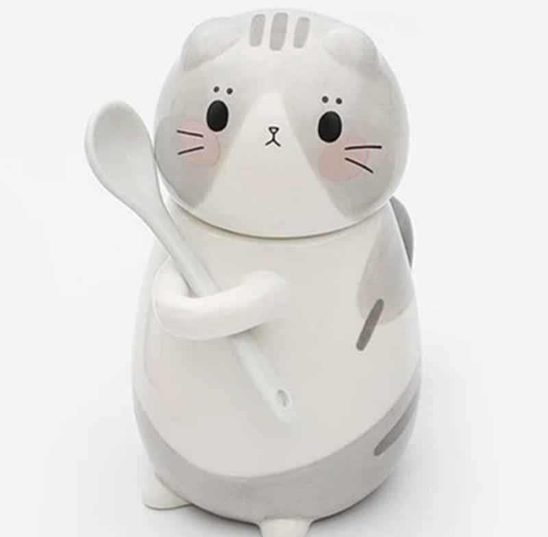 Cute Cat Ceramics Coffee Mug With Spoon Creative Hand Painted Drinkware Milk Tea Cups Novelty Gifts