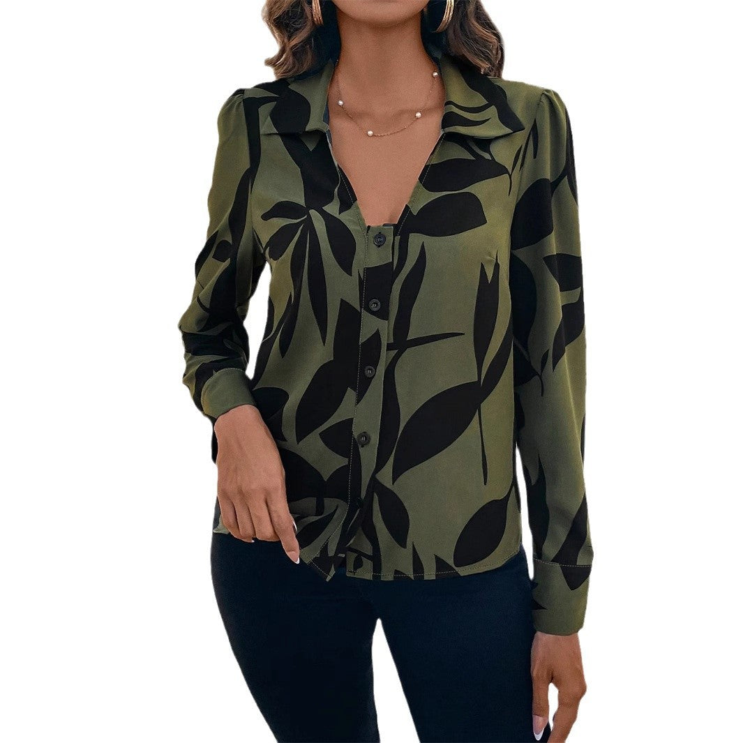 Womens Elegant Abstract Print Blouse - 3D Embellished Long Sleeve Commuter Top