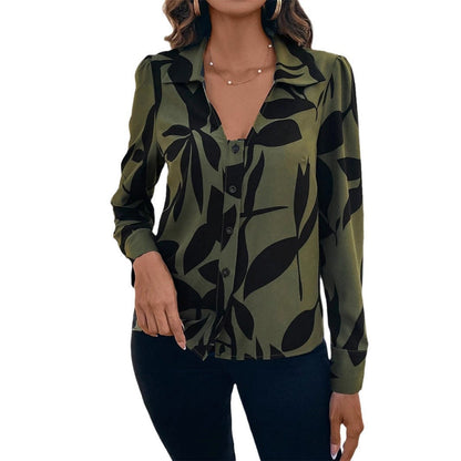 Womens Elegant Abstract Print Blouse - 3D Embellished Long Sleeve Commuter Top