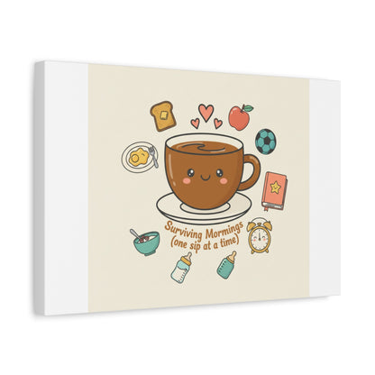 Surviving Mornings (One Sip at a Time) Canvas | Parenting Morning Humor, Coffee & Kids