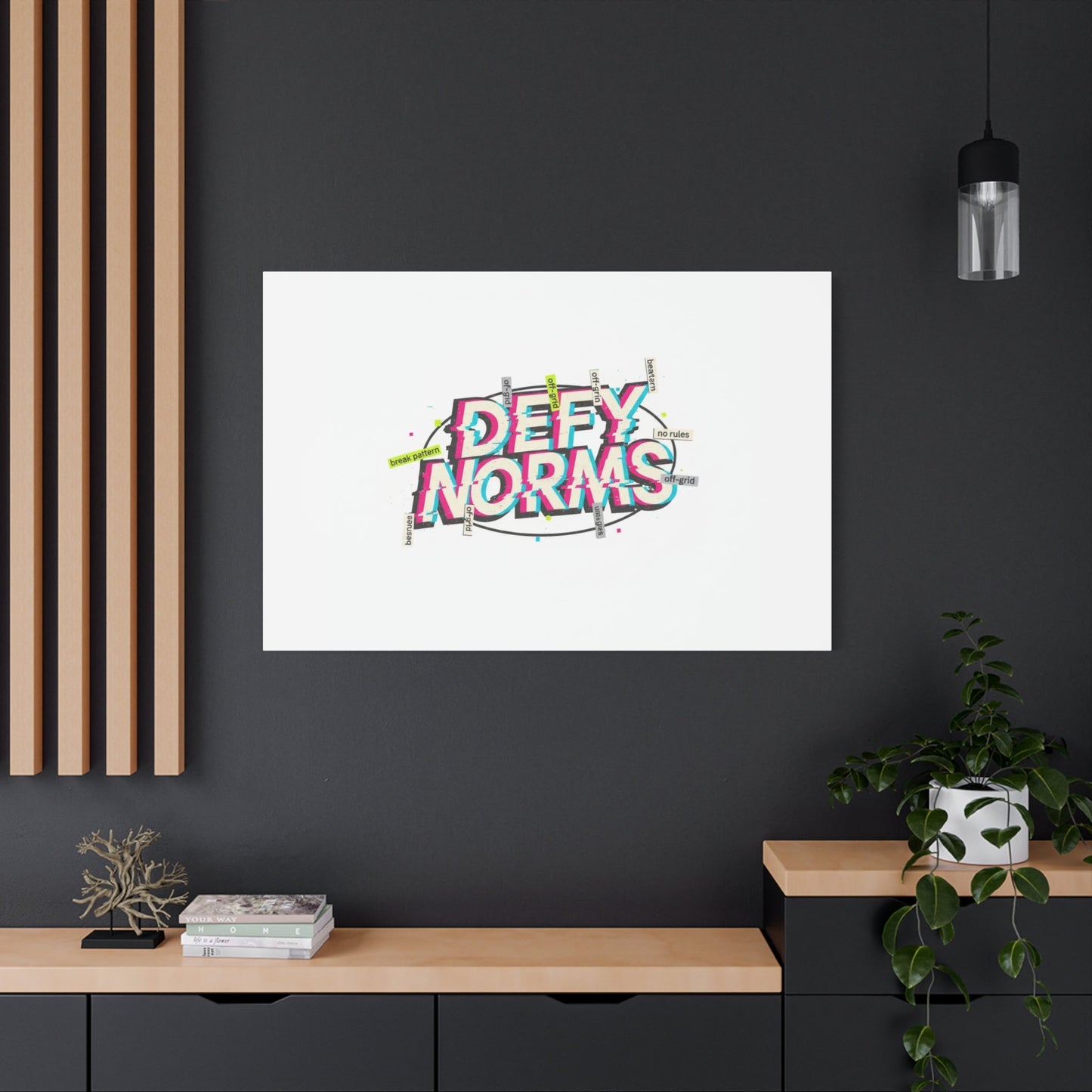 Defy Norms Canvas, Anti-Aesthetic Glitch Typography, Brutalist Poster Style