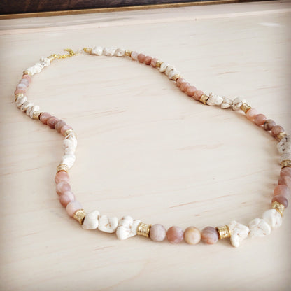 Frosted Sunstone & White Turquoise Long Layering Necklace 262o*