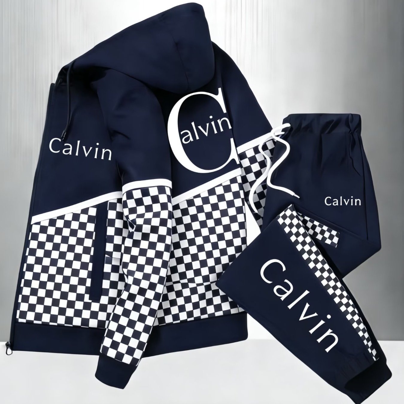 Zip Up Casual Hoodie and Joggers Set Street Style w/ Large Calvin Print