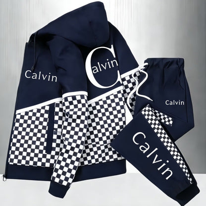 Zip Up Casual Hoodie and Joggers Set Street Style w/ Large Calvin Print