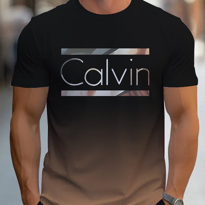Summer Men'S 3D Digital Printing, Cool Gradual Change: "Calvin" Printed T-Shirt, Casual And Comfortable Versatile Men'S Round Neck Short Sleeves, Suitable for Daily And Sports Wear