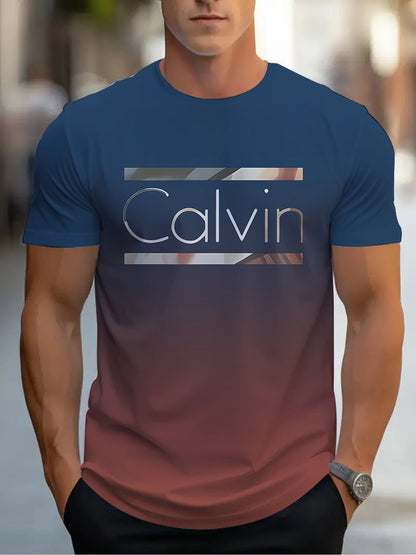 Summer Men'S 3D Digital Printing, Cool Gradual Change: "Calvin" Printed T-Shirt, Casual And Comfortable Versatile Men'S Round Neck Short Sleeves, Suitable for Daily And Sports Wear