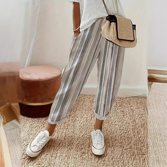 Womens Striped Cropped Casual Pants - Loose Fit Breathable Commuter Trousers