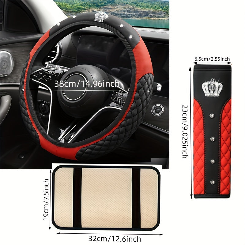 PU Leather Car Steering Wheel Cover Set, Carbon Fiber Pattern, Shoulder Pads, Leather Armrest, 4 pcs, for Comfortable Driving
