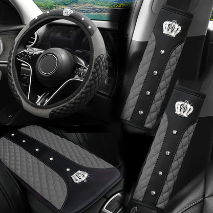 PU Leather Car Steering Wheel Cover Set, Carbon Fiber Pattern, Shoulder Pads, Leather Armrest, 4 pcs, for Comfortable Driving