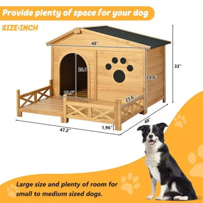Outdoor Wooden Dog House with Porch & Asphalt Roof 48" Medium
