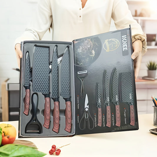 Professional 6pcs Kitchen Knife Set - Chef's Knife, Slicing Knife, Scraper, and Scissors - High Carbon Stainless Steel with Ultra-Sharp Blades, Non-Stick Ergonomic Wooden Handles - Ideal for Home, Travel, and Gift Box Set