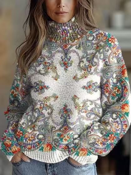 Elegant 3D Floral Print Turtleneck Sweater - Cozy Long Sleeve Pullover