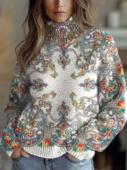 Elegant 3D Floral Print Turtleneck Sweater - Cozy Long Sleeve Pullover