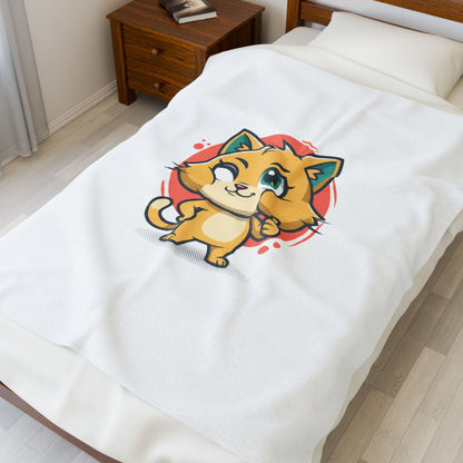Cute Cheeky Cat Illustration Velveteen Plush Blanket | Rodent-Core Vibe