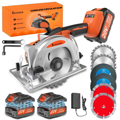 5-inch Brushless Circular Saw Kit - 20V Dual Smart Batteries And Battery Charger, Comes with 6 Saw Blades, Two Adjustable 45° Cutting Depths, Up to 6900 RPM - Ideal for Woodworking And Garden Projects.Christmas Gift, Shipped