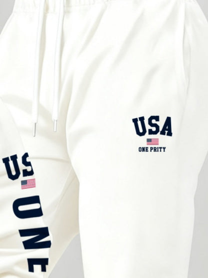 Men'S USA Flag Print Hoodie & Sweatpants Two-Piece Set - White with Red, White & Blue Design, Comfortable Warm Casual Streetwear Outfit, Regular Fit, Long Sleeve