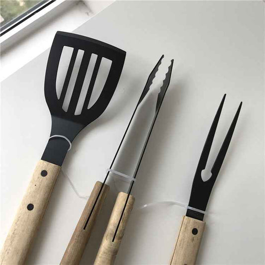 Barbecue Grill Fork, Shovel with Wooden Handle, Stainless Steel Grill Tongs 3pcs / set