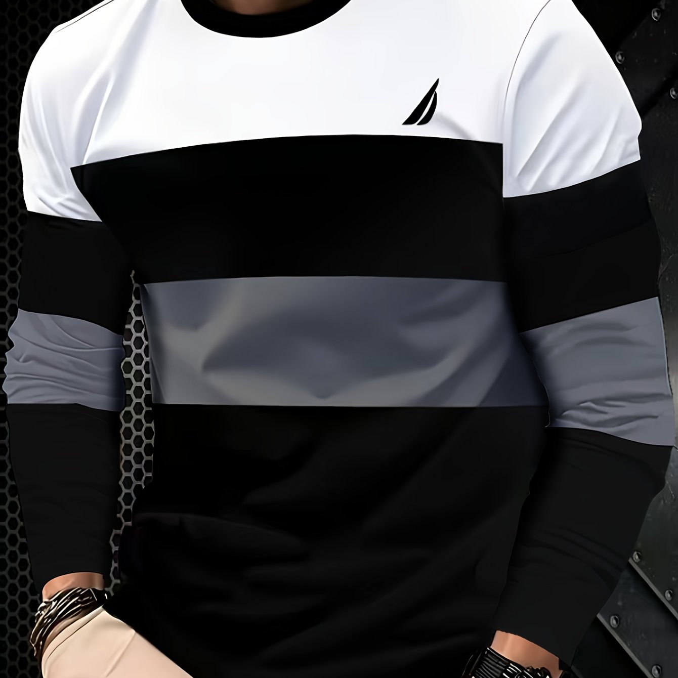 Men's & Teens Long Sleeve T-Shirt with Full-Body Striped Print - Black & White All-Season Casual Crew Neck Shirt, Suitable for Dad Gifts, Christmas Presents, Year-Round Wear - Machine Washable Digital Print Underwear