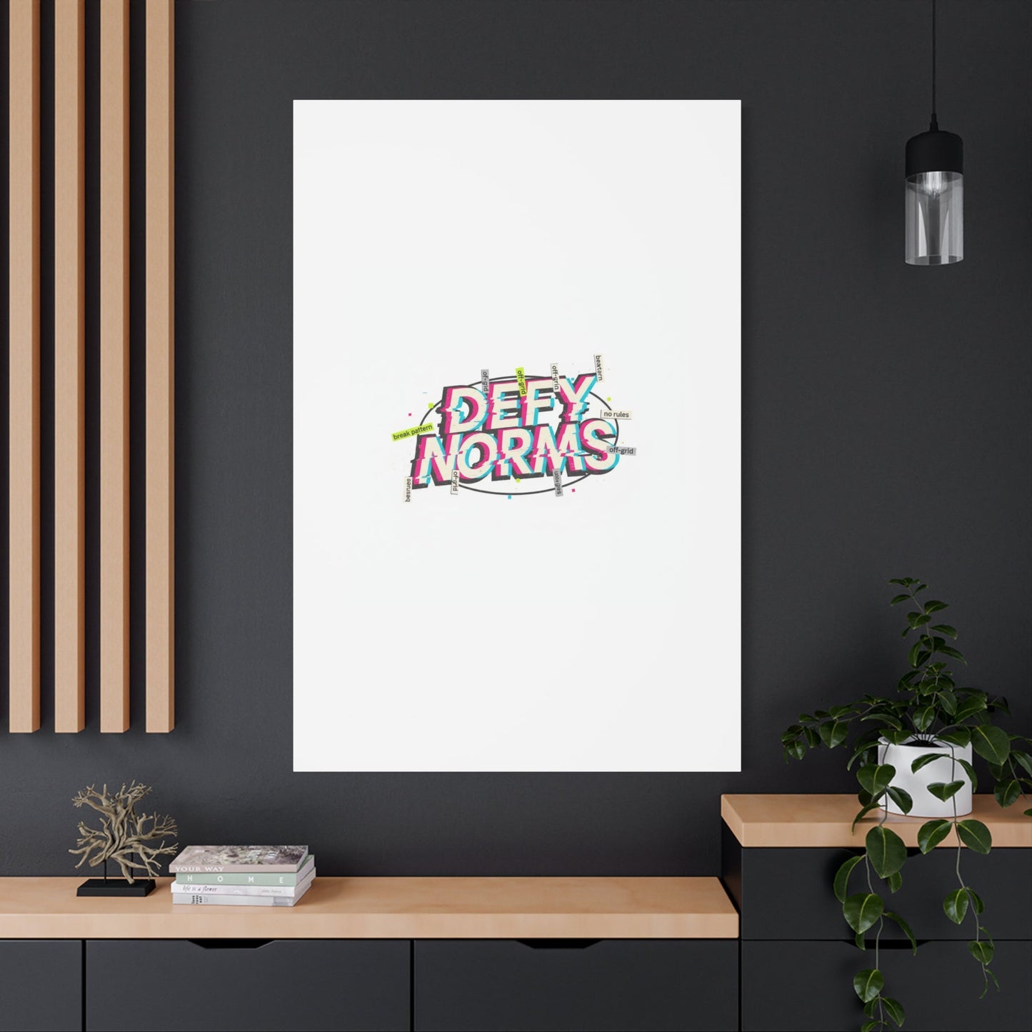 Defy Norms Canvas, Anti-Aesthetic Glitch Typography, Brutalist Poster Style