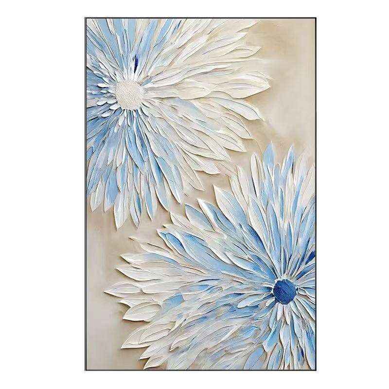 Abstract Blue White Flower Oil Painting On Canvas Modern Textured Wall Art Hand Painted Blooming Flower Bedroom Home Decor
