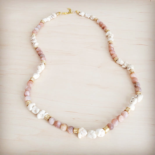 Frosted Sunstone & White Turquoise Long Layering Necklace 262o*