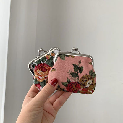 Retro Mini Canvas Coin Purse - Vintage Floral Plaid Small Zipper Wallet Organizer