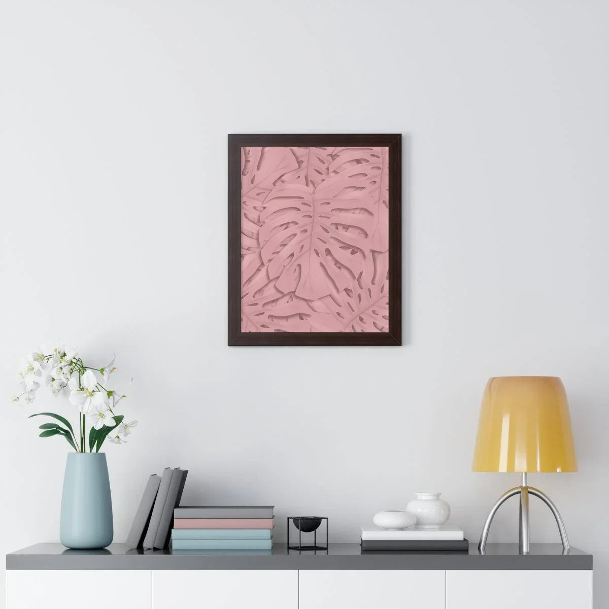 Soft Pink Monstera Framed Print – Botanical Wall Art