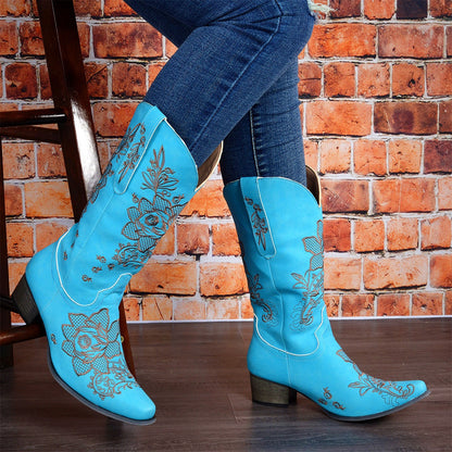 Womens Mid-Calf Boots With Embroidery Ethnic Style And A Comfortable Mid-Heel