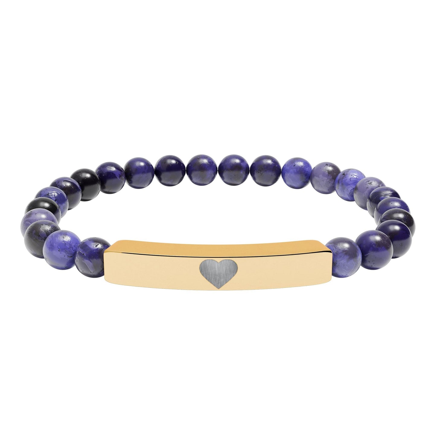 Engraved Natural Stone Stretch Bar Bracelet — Personalized Heart Bar Beaded Bracelet
